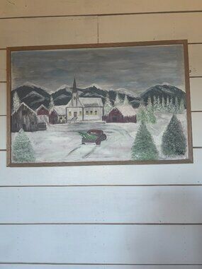 Original Acrylic Painting 36x24 Winter Landscape Snowy Village Church Scene Folk